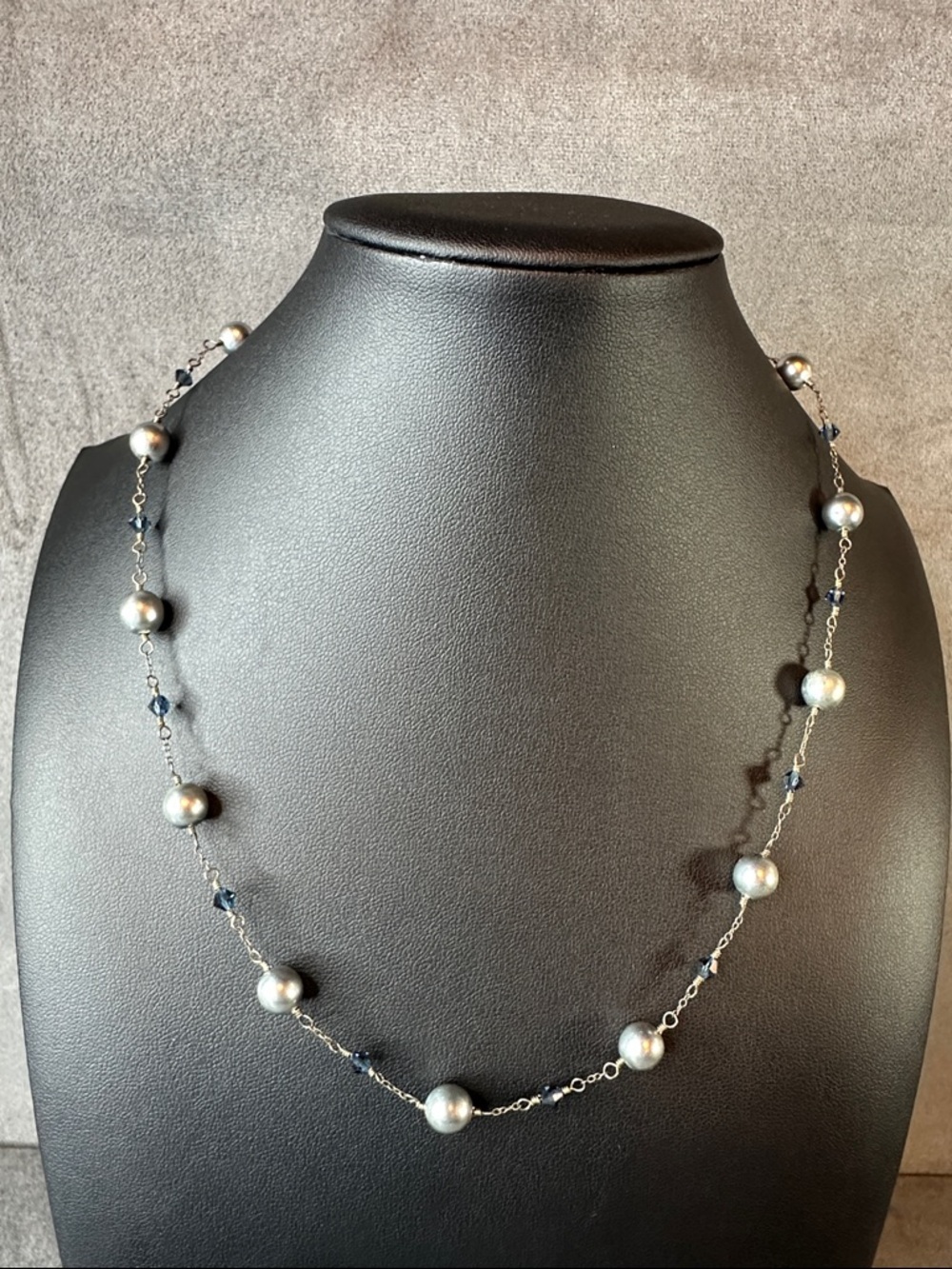 Sterling Silver Glass Pearl and Navy Crystal Station Necklace